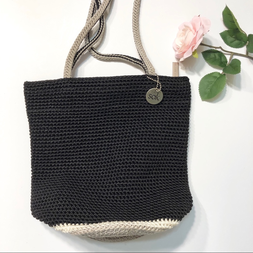 The Sak Black Gray Round Crochet Purse